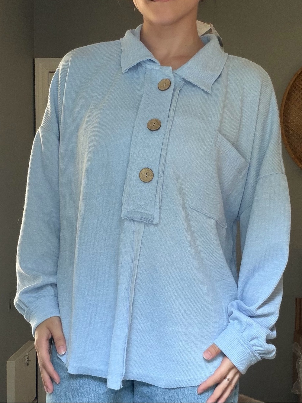 Perch by Blue Pepper Light Blue Button-Front Raw Edge Knit Sweater NWT